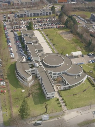 Drone view of the INSEEC business school's Chambéry campus near Lac du Bourget