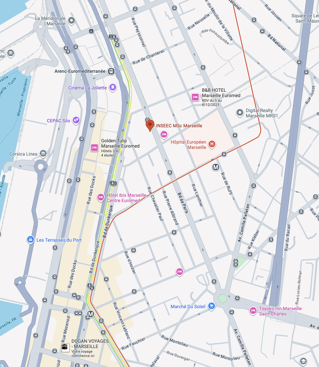 Plan d’accès au campus de Marseille de l’école de commerce INSEEC en transport en commun
