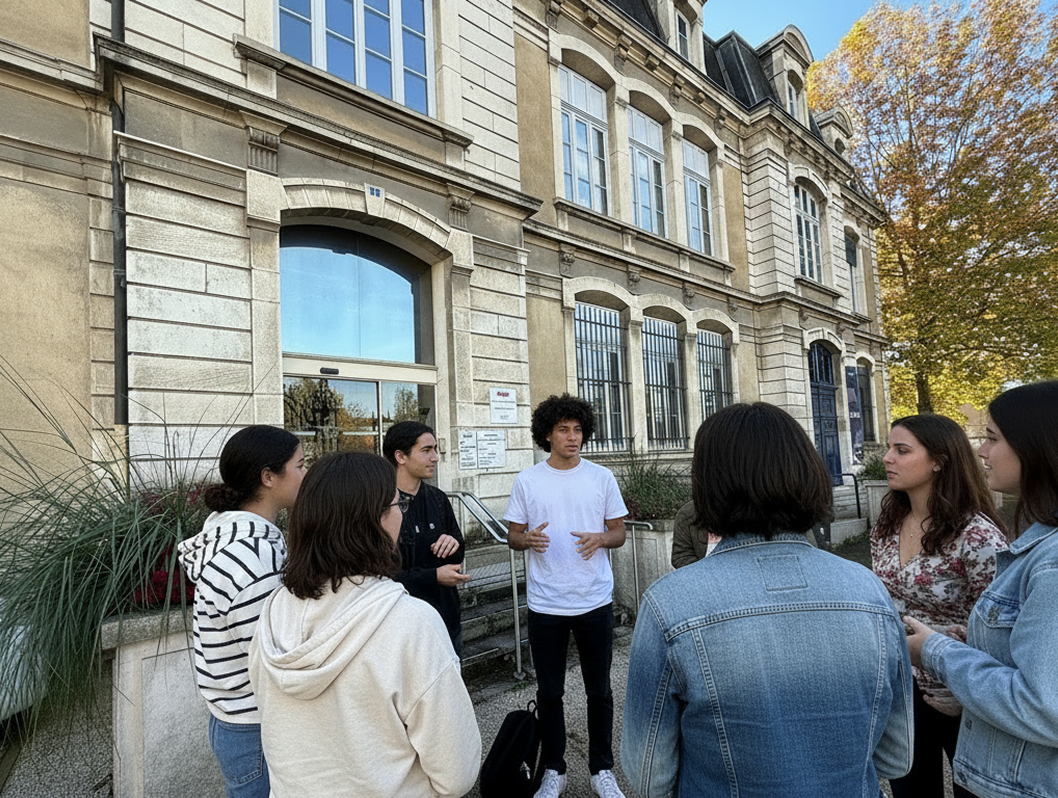 Étudiants discutant devant le campus de Beaune de l’école de commerce INSEEC