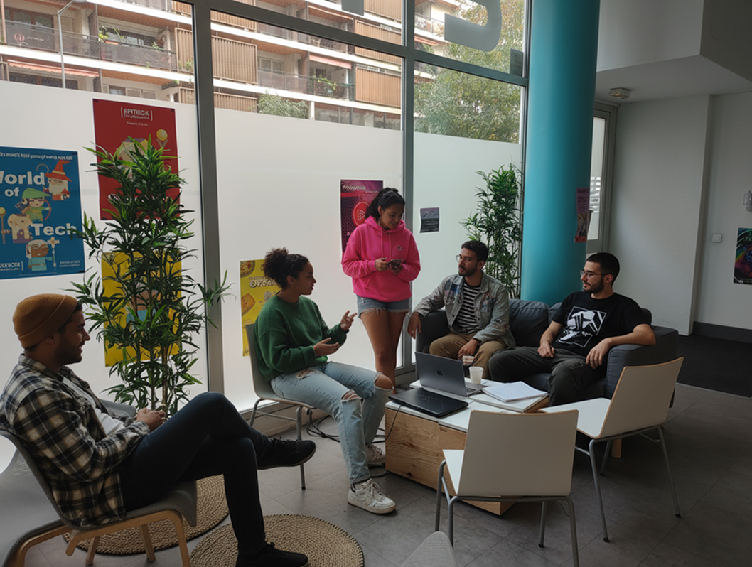 Étudiantes discutant dans des canapés dans un coin détente du campus de Marseille de l’école de commerce INSEEC