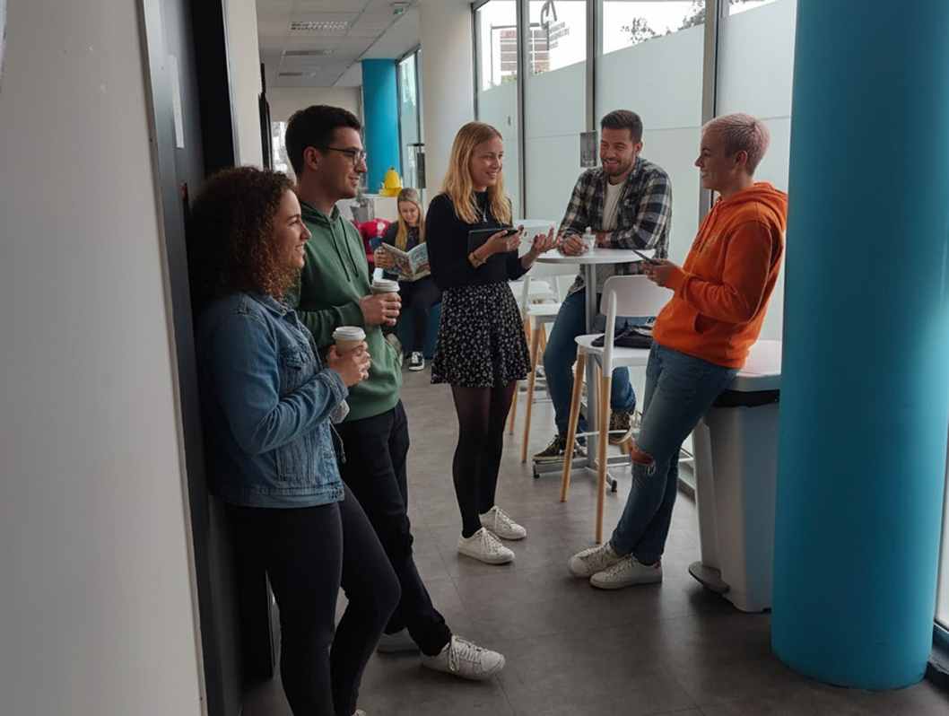 Étudiants discutant dans un couloirs du campus de Marseille de l’école de commerce INSEEC