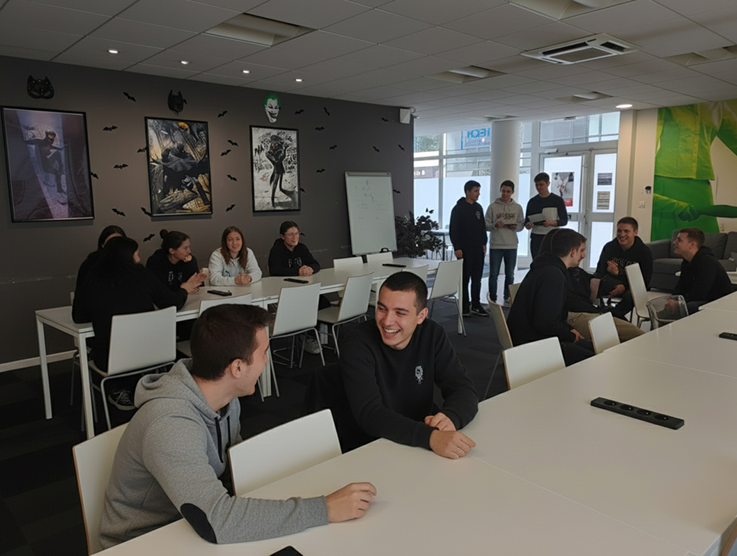 Étudiantes discutant dans un salle commune du campus de Marseille de l’école de commerce INSEEC