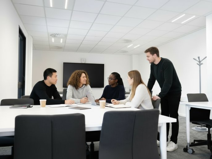 Étudiants en projet de groupe dans une salle du campus de Toulouse de l’école de commerce INSEEC