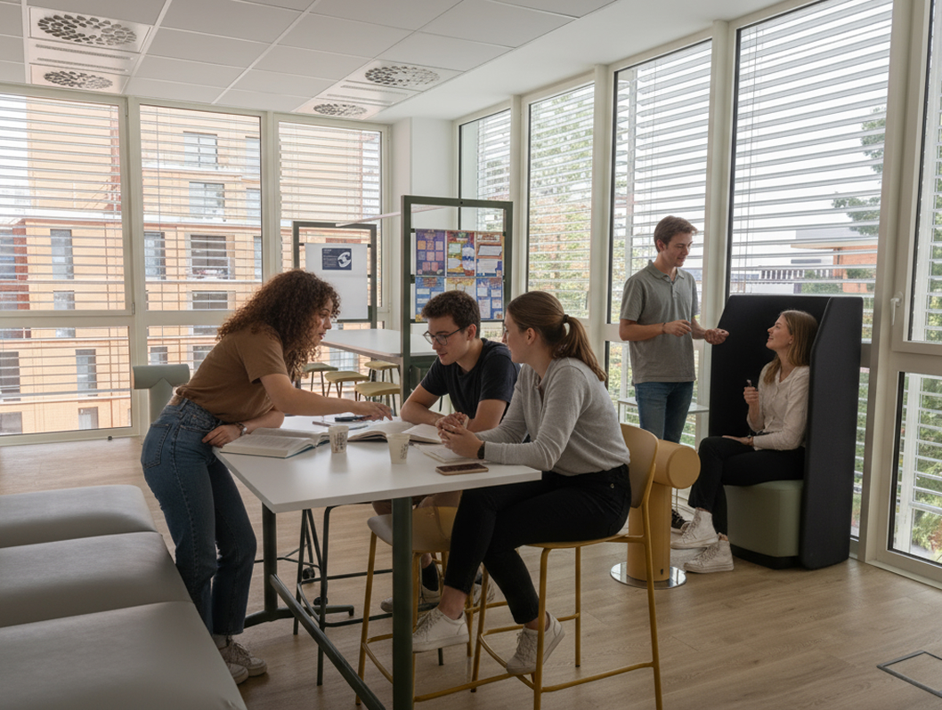 Étudiants profitant d’une salle détente du campus de Toulouse de l’école de commerce INSEEC