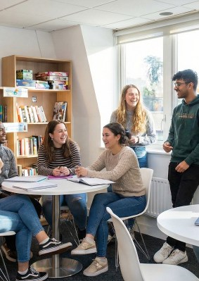 Groupe d’étudiants INSEEC travaillant et échangeant autour de tables près d’une bibliothèque dans un espace lumineux du campus de Londres