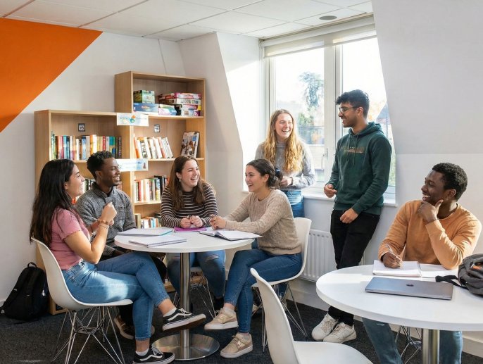 Groupe d’étudiants INSEEC travaillant et échangeant autour de tables près d’une bibliothèque dans un espace lumineux du campus de Londres