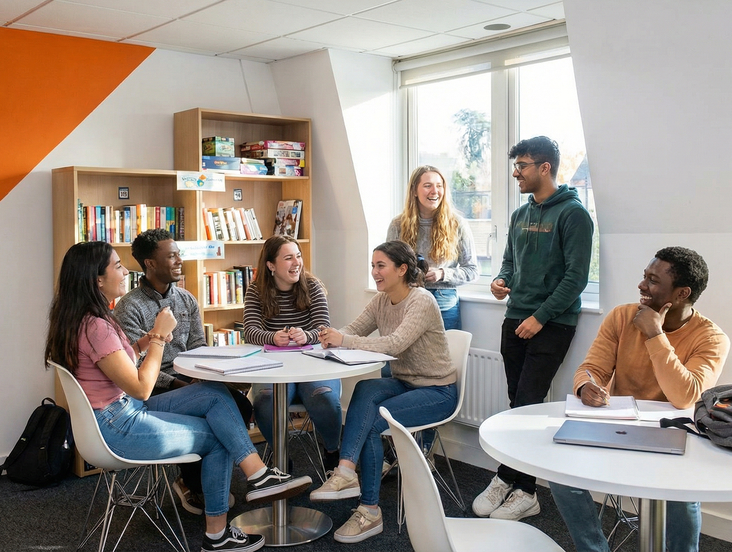 Groupe d’étudiants INSEEC travaillant et échangeant autour de tables près d’une bibliothèque dans un espace lumineux du campus de Londres