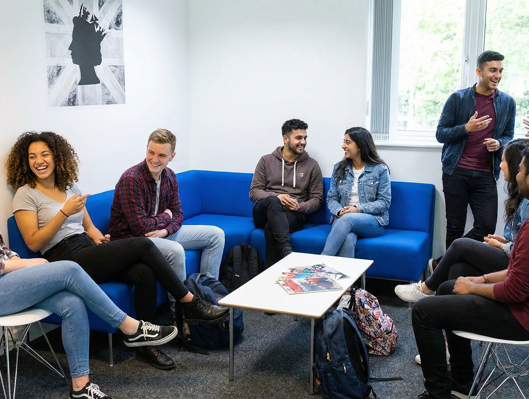 Groupe d’étudiants discutant dans un espace de détente du campus OMNES Education à Londres, assis sur des canapés bleus autour d’une table basse