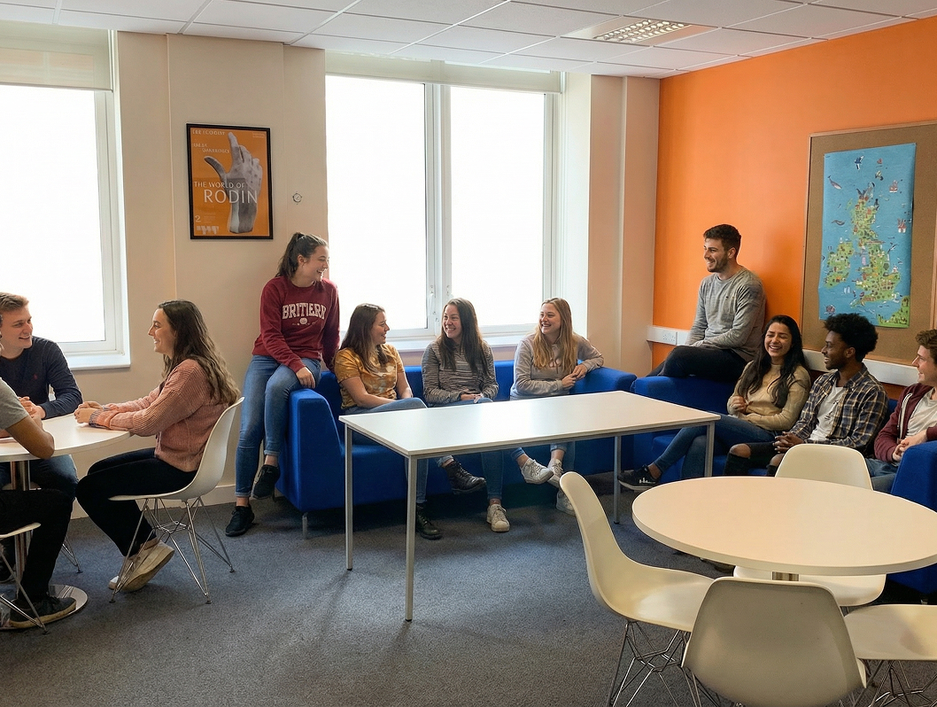 Groupe d’étudiants réunis dans un espace commun du campus OMNES Education à Londres, assis sur des canapés bleus et échangeant de façon décontractée