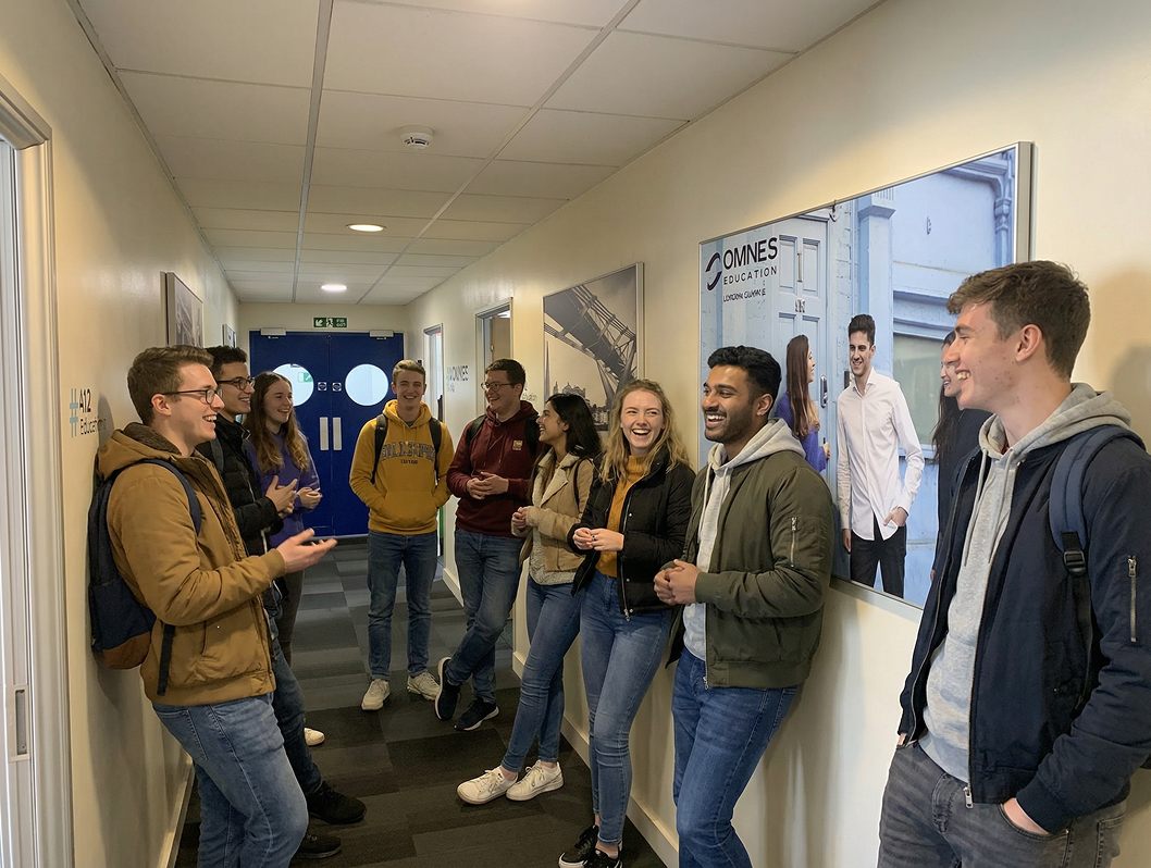 Groupe d’étudiants discutant et souriant dans un couloir du campus OMNES Education de Londres, devant des affiches institutionnelles