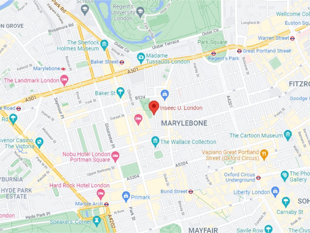 Carte Google avec localisation du campus INSEEC Londres 